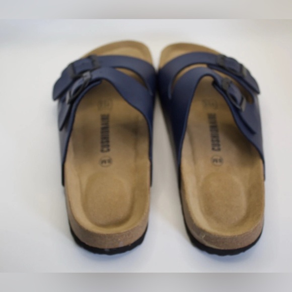 Cushionaire Cork Slip On Leather Blue Double Buckle Sandals - 8 - Picture 9 of 11